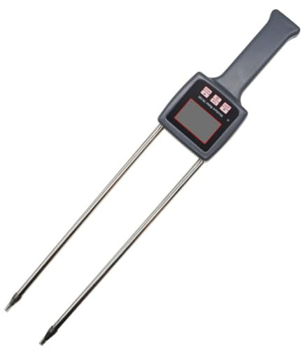 Gettimore Medidor de humedad de heno multifunción con pantalla LCD retroiluminada, sonda de acero de 450 mm para alfalfa, ovejas, huerto, hierba real, alimentado por 4 pilas AA