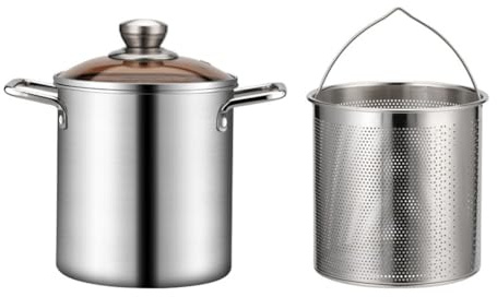 Pentola profonda in acciaio inox con manico e cestello per patatine, verdure, carne, set di pentole multiuso da cucina, argento
