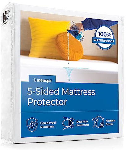 Linenspa 5-Sided Waterproof Mattress Protector – Breathable, Fitted Sheet Style, Machine Washable – Queen Size Mattress Protector, White