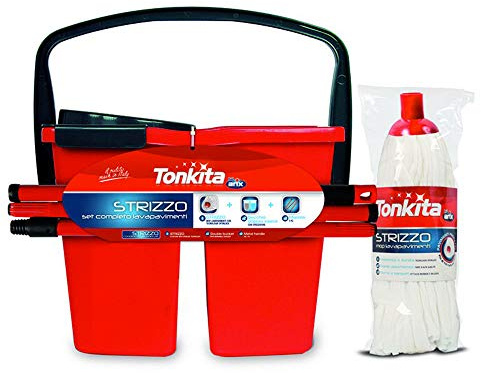 TONKITA | Strizzo, Set Pulizia Pavimenti, 3 Pezzi, Secchio a 2 Vasche con Strizzatore 14 Litri, Manico 130cm in Acciaio Componibile Verniciato, Mop Lavapavimenti, per Pavimenti Delicati