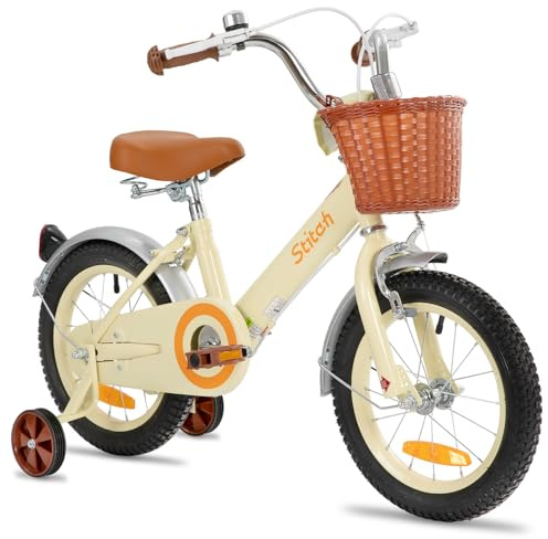 STITCH Vélo pour Enfant 14 Pouces pour âgés 3, 4, 5 et 6 Ans Bicyclette Beige pour Filles et Garçons avec Panier Avant et Roues Stabilisatrices…