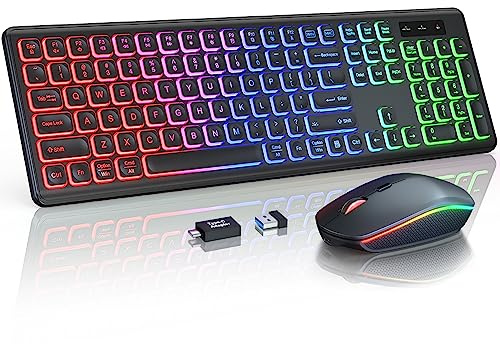 Wireless Keyboard and Mouse Combo, RGB Backlit, Rechargeable & Light Up Letters, Full-Size, Soft Typing, Sleep Mode, 2.4GHz Quiet Keyboard Set for Mac, Windows, Laptop, PC, Trueque KM42Pro (Black)