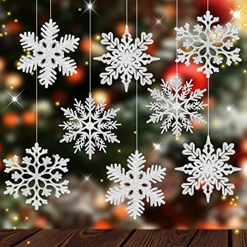 MIAHART Confezione da 40 Ornamenti di fiocchi di neve d'argento di Natale da 4 pollici Ornamenti di fiocchi di neve glitterati in plastica argento per decorazioni per l'albero di Natale Forniture