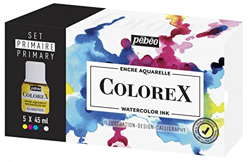 PEBEO Box 5 Bottles 45 ml Assorted-Manga Drawing & Illustration Kit Essential Colorex Watercolour Ink Primary Colours-Cyan, Magenta, Yellow, Black and White, Détails en Description, Non Applicable