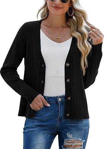 PrinStory Chaqueta de punto para mujer con parte delantera abierta de manga larga suéter de ocio con botones suéter de punto de manga larga para mujer cardigan, Negro , L
