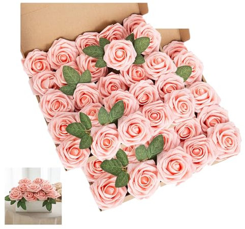 Lansdowns Rosa pesca 50 rose finte in schiuma dall'aspetto reale con steli foglie per decorazione della casa, feste, giardino, centrotavola, bouquet di nozze fai da te (rosa pesca)