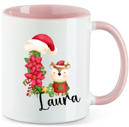 Taza de Navidad personalizada minimutz para niños con nombre | Taza de cerámica para beber café o té para niñas y niños | Taza de té con alfabeto navideño ABC (rosa)