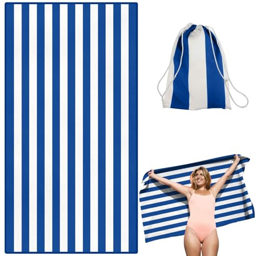 Victoper Microfiber Beach Towel d Rapid Drying Sand Free Soft Compact Lightweight Qualities Beach Towels for Adults Ideal for Swimming Beach Yoga Camping Gym Carry Bag Blue Stripes 79x35 Inch