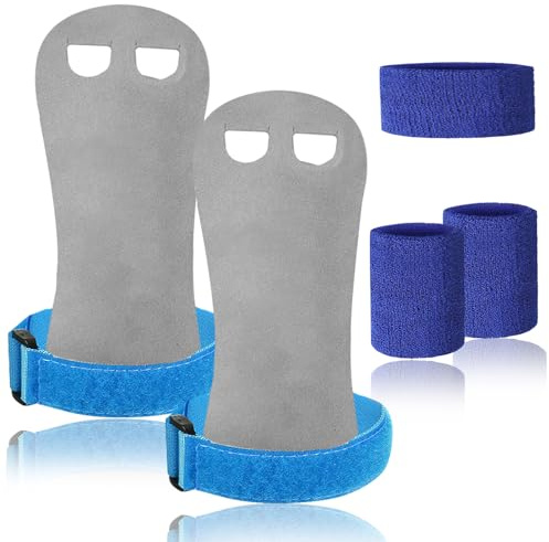 FINGER TEN Griffpads Kinder Leder Cross Training Sporthandschuhe Gymnastik Pull Up Grips Hand Mädchen Junge Trainingshandschuhe mit Handgelenk Bandagen Stirnband (Blau, M)