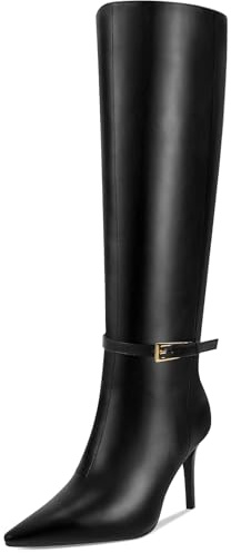 COMJUY Knee High Boots Women Stiletto High Heel 3.3in, Side Zipper Pointed Toe Metal Buckle Tall Boots Dress Boots for Women, Comfortable Faux Leather Below the Knee Long Boots Size