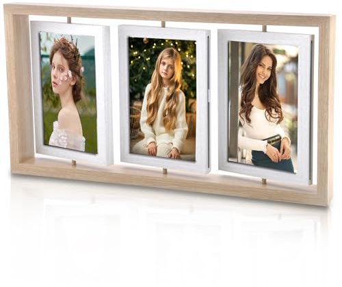DAKLUNAR Cornice portafoto girevole, collage su entrambi i lati, per 6 foto, 10 x 15 cm, in legno, con protezione in vetro acrilico, regalo per compleanno, famiglia, matrimonio, Natale