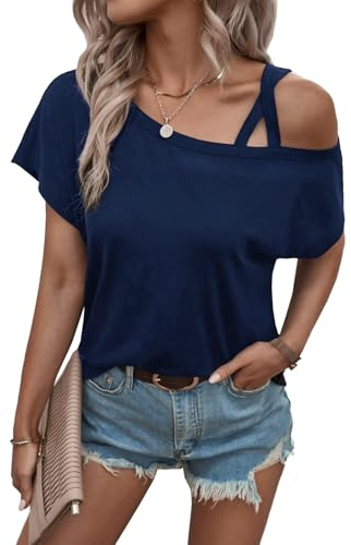 Rayson T-Shirt Top e Bluse da Donna Maglietta Monospalla a Maniche Corte Estate Casual Camicia orta da Donna Collo Rotondo Pull-Over Navy, L