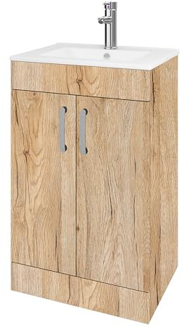 BELOFAY Vanity Unit with Basin | 500mm Bathroom Vanity Units with Basin | With White Ceramic Bathroom Sink | Floor Standing Wood Grains Sink Unit | Soft Close Hinges & 1 Tap Hole | Waste Included