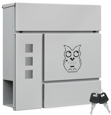 WOLTU Boîte aux Lettres, avec Serrure, Fenêtres d'Observation, Fente 33,8x3cm, Couvercle Rabattable, Compartiment à Journaux, 37x10,5x37cm, Gris