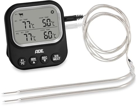 ADE Termometro da cucina digitale per carne, barbecue, alimenti, forno | lettura instantanea | display LCD | olio, latte, dolci, vino | fino a 250 °C | 2 sonde