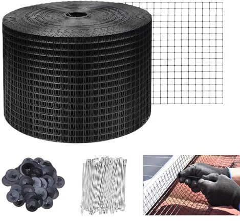 Rete di protezione per uccelli per pannelli solari, 30 m x 20 cm, rotolo in acciaio zincato rivestito in PVC, larghezza maglie 1,27 cm, con 100 chiusure in acciaio inox, protezione da piccioni e