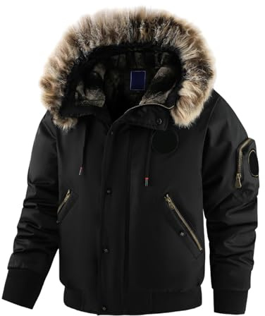 Generisch Giacca da uomo invernale con cappuccio in pelliccia - Giubbotto da pilota imbottito con tasche con cerniera | Calda giacca parka per i giorni freddi, M