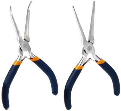 MANUFORE Lot de 2 Mini Pinces à Bec Long 150 mm, Droite et Coudée 45° | Acier carbone nickelé antirouille, ressort de rappel, idéal pour bijoux, électronique et modélisme.