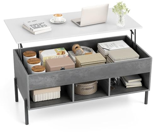 COSTWAY Mesa de Centro Elevable, Mesa Central de Café con Tablero Elevable, Amplio Compartimento Oculto y 3 Espacios Abiertos, Mesita de Cóctel con Patas de Metal (Gris)