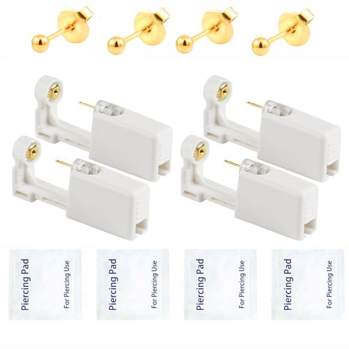 Kuesn 4 Pack Self Ear Piercing Gun Earring,Disposable Piercing Kit No Pain Easy Use Ear Piercing Gun Kit Tool with Stud and With Alcohol Pad (Gold)