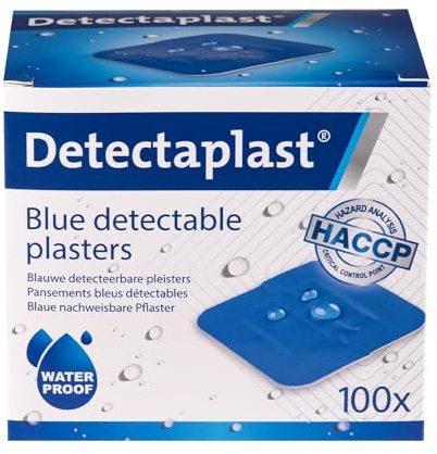 Universella blå Detectaplast-plåster, metalldetekterbara och vattentäta plåster för catering som första hjälpen i livsmedelshanteringsmiljöer, första hjälpen kök, 38x38 mm, 100 st.