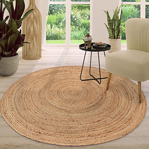 TT Home Jute Teppich Rund Wohnzimmer Esszimmer Boho Modern Handgemacht Mit Umrandung, Farbe: Natur 3, Größe:80 cm Rund