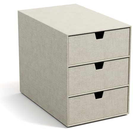 BIGSO INGRID Schubladenbox für Dokumente und Bürobedarf – Schreibtisch Organizer mit 3 Schubladen – Ablagesystem aus Faserplatte und Papier in Leinenoptik – beige