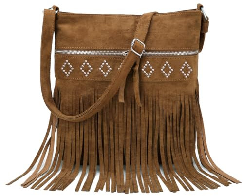 Sunwel Fashion Western-Fransentasche, Cowgirl-Geldbörse, Wildlederimitat, Crossbody-Tasche mit Quaste, Landhaus-Outfit für Damen, CAMEL