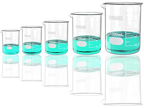Onilab glas mätkopp 50 ml 100 ml 250 ml 500 ml 1 000 ml (förpackning med 5) 3,3 BORO Griffin låg form med Graduate Science glasvaror tryck för laboratorium, klassrum eller hem