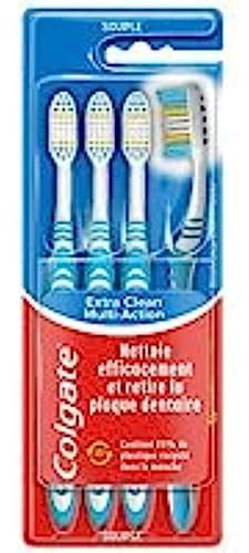 COLGATE - Brosse à dents Extra Clean Multi Action Souple - Brins Circulaires Anti-Taches - Nettoyeur Langue & Joues - Lot de 4 Brosses