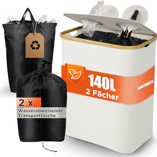 SOUTHGATE 37 Gallon Recycling Bin for Kitchen with 2 Compartments, 140L Large Indoor Recycling Trash Can with Lid, 2 Removeable Reusable Inner Bags Bottle Can Glass Waste Plastic Stickers, White