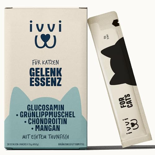 ivvi Gelenk Essenz für Katzen – Schlecksnack mit Glucosamin, Chondroitin, Grünlippmuschel & Lachsöl – zur Unterstützung der Gelenke – 30x15g – mit echtem Thunfisch