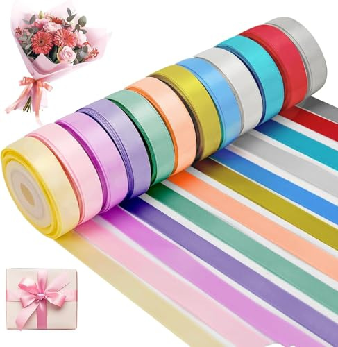 24 rollos de cintas de seda multicolor, 22 m x 10 mm, 12 colores, cinta de satén, multicolor, perfecta para decoración de bodas, envoltorios de regalos, manualidades, Navidad, Pascua
