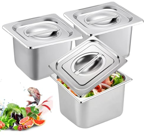 BORDEAG - Juego de 3 recipientes GN 1/6 de acero inoxidable con tapa - Altura 10 cm - Recipiente gourmet para conservación de alimentos, cocción al vapor o como inserto en un chafing dish