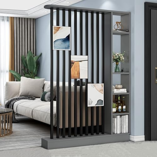 Wall Room Divider Modern Storage Cabinet Display Bookshelf Screen with Shelves Temporary Tall Privacy Panel Partition for Home Office Dorm Floor Ceiling Decorative(Grey-black,140*24*200cm/55*9.5*79in)