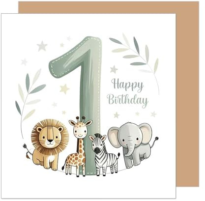 Edition Seidel Tarjeta de felicitación de primer cumpleaños de primera calidad con sobre, tarjeta de cumpleaños con texto en inglés Happy Birthday Billet, para niñas, niños, animales (GQ532 SW025)
