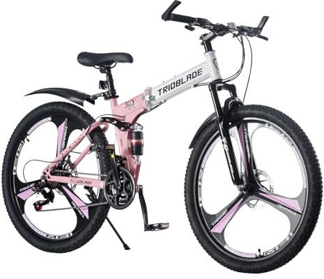BSTSEL 24 26 27.5Inch Adult Folding Mountain Bike, Dual Suspension Mountain Bikes with 3-Spoke Wheel, 21 Speed Mens and Womens Foldable Mountain Bicycle (26Inch Pink)