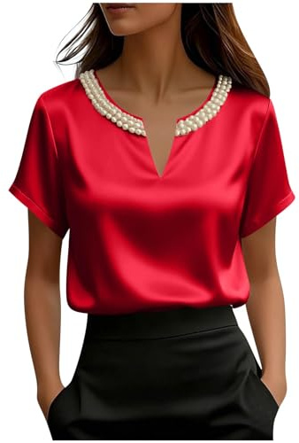 Blusas de satén para mujer, blusas de seda de manga corta, cuello en V metálico, mangas abombadas, camisas fruncidas, camisetas casuales de negocios, Z11-rojo, M