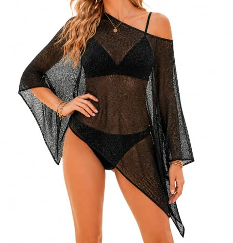 Sheer Poncho Cape,Beach Coverups Crochet Tops for Women Uk,Mesh Top | Shawls and Wraps for Women, Lightweight Asymmetrical Off Shoulder Poncho, for Summer Holiday Outfits and Bathing Suits