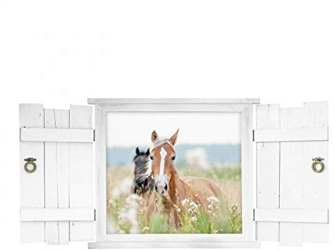 nikima Schönes für Kinder 132 Wandtattoo Pferd im Fenster mit Fensterläden weiß - schöne Wanddeko für Kinderzimmer Sticker Aufkleber Wandbild Landhaus - Größe 750 x 380 mm