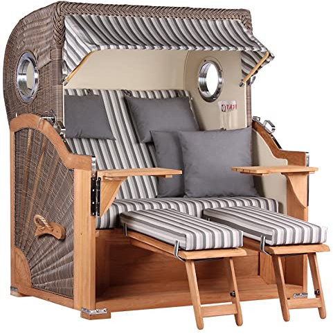 MR. DEKO® Strandkorb Baltikum 2,5-Sitzer Teak | PE Geflecht Grey | Volllieger Strandkörbe aus Teakholz mit 2 Bullaugen & Fußablagen | Polster mit 4 Kissen | Strandstuhl (Dessin 545)