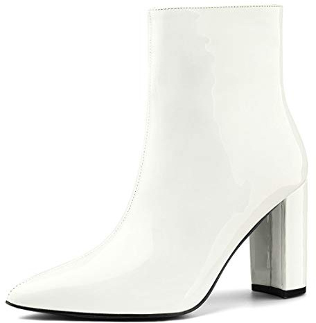 Allegra K Women's Chunky Heel Pointed Toe Zip Ankle Boots White 4 UK/Label Size 6 US