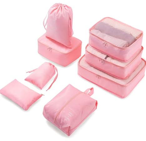 Meowoo Packing Cubes 8-Delat Set – Insatsväskor för Resa, Vattentäta Bagageorganisatörer Med Skopåse & Toalettväska, Lätta Packpåsar för Kläder (Rosa)
