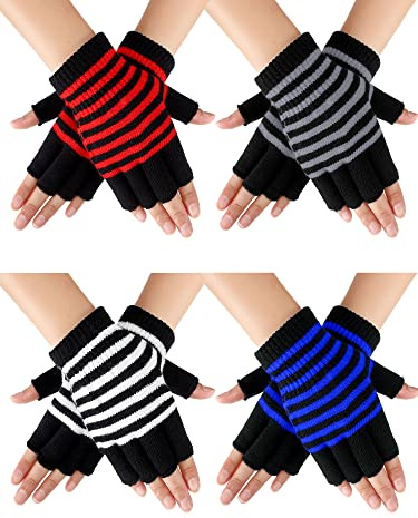 Sintege 4 Paia di Guanti Mezze Dita Unisex Guanti Senza Dita in Maglia a Righe Guanti Invernali Elastici per Donna Uomo Tempo Freddo