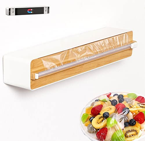 Quasziwa Magnetischer Frischhaltefolienspender mit Schneider - Verbessert Folienschneider Abroller, Praktischer Alufolienspender Schublade für Küche, Folienspender mit 50m Frischhaltefolie, Bambus