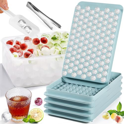 POWZOO Mini Palline di Ghiaccio,104 x 4 PCS Vaschette per cubetti di ghiaccio piccole(diametro 1.4cm),con contenitore,cucchiaio e pinza.Ideale per Raffreddare Whisky,Bevande, Caffè, Cocktail.