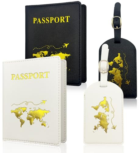 FINEASY 4 Stück Reisepasshülle und Kofferanhänger Set, Passport Cover, Kofferanhänger Flugreise, Kunstleder Reisepasshülle Halter für Ausweis Reisedokumente und Kreditkarten