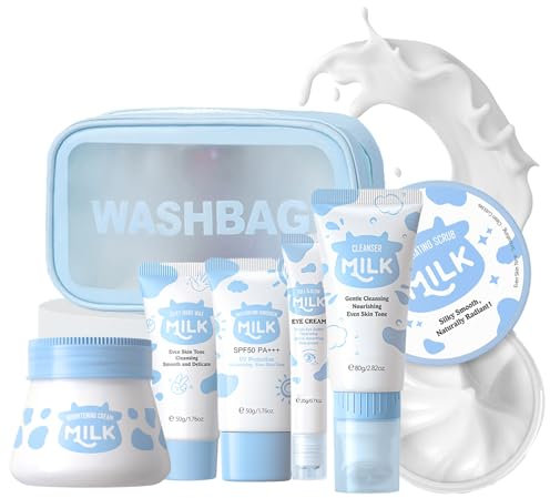 7PCS Milk Skincare Set -Mothers Day Gifts -Gifts For Teenage Girls - Skin Care Sets & Kits With Cleanser,Eye Cream,Exfoliating Scrub, Sunscreen,Hand Wax,Brightening Cream - Gifts for Her