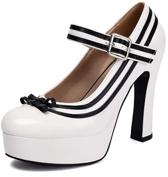 elerhythm Scarpe da donna Mary Jane con punta chiusa, cinturino alla caviglia, eleganti pumps con fiocco dolce, piattaforma in vernice, tacco alto con tacco a spillo, bianco, 37 EU