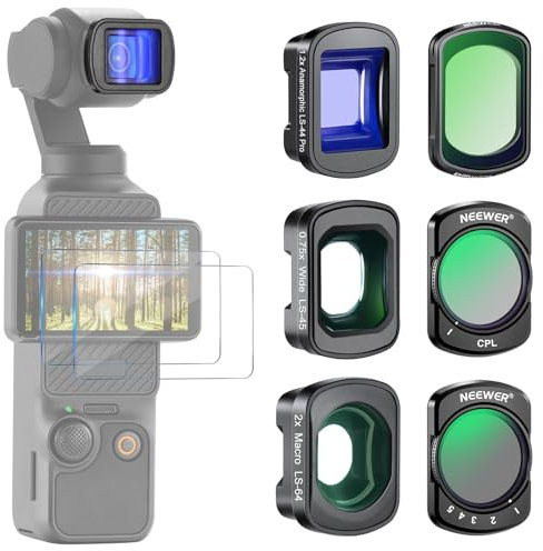 NEEWER Set Filtro ND 3PZ (ND2-32 Variabile/CPL/Black Diffusion 1/4) e Lente Grandangolare 0,75X, Macro 2X, Anamorfica Blu 1,2X, Protezioni Schermo Compatibile DJI Osmo Pocket 3, FL-B28